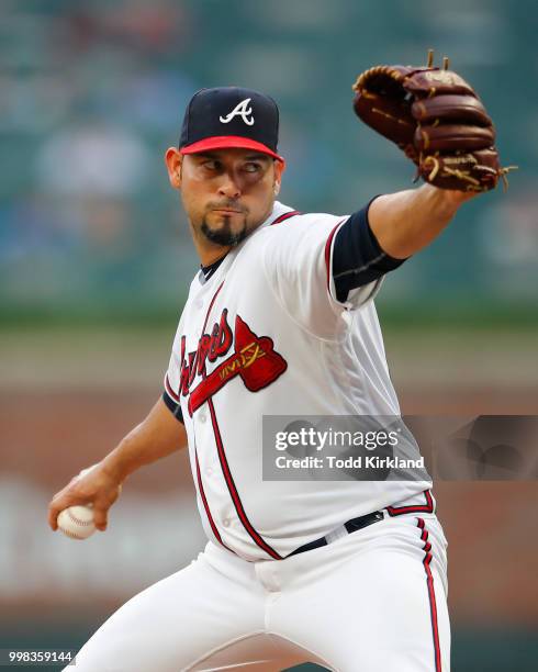 Anibal Sanchez of the Atlanta Braves pitches in the first inning of an MLB game against the Arizona Diamondbacks at SunTrust Park on July 13, 2018 in...