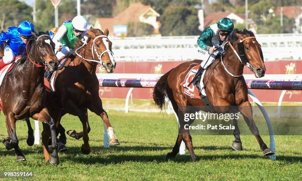 Sharpness ridden by Michael Walker wins the Ladbrokes Odds Boost Exotics Handicap at Caulfield Racecourse on July 14, 2018 in Caulfield, Australia.