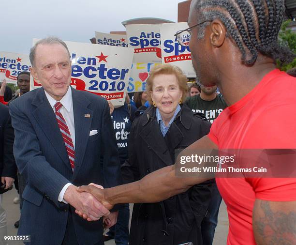 Sen. Arlen Specter and his wife Joan campaign outside Citizens Bank Park May 17, 2010 in Philadelphia, Pennsylvania. Specter, who switched political...