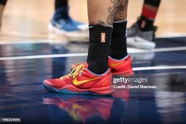 Sneakers of Tamera Young of the Las Vegas Aces seen during the game against the Minnesota Lynx on July 13, 2018 at Target Center in Minneapolis,...