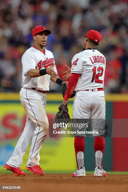 Cleveland Indians left fielder Michael Brantley and Cleveland Indians shortstop Francisco Lindor celebrate following the Major League Baseball game...