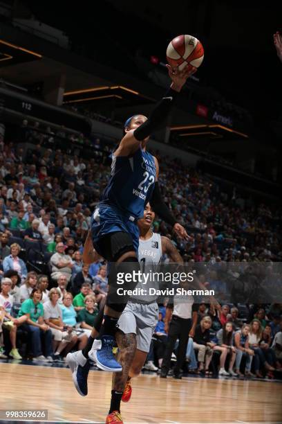 Maya Moore of the Minnesota Lynx goes to the basket against the Las Vegas Aces on July 13, 2018 at Target Center in Minneapolis, Minnesota. NOTE TO...