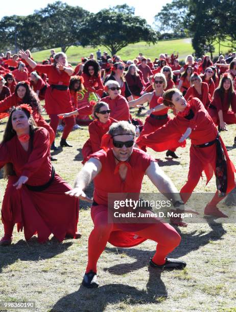 Hundreds of fans of Kate Bush dance in park on July 14, 2018 in Sydney, Australia. The Most Wuthering Heights Day is when people all around the world...