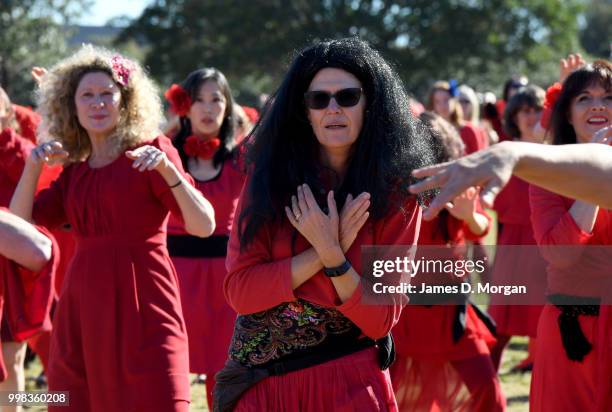 Hundreds of fans of Kate Bush dance in park on July 14, 2018 in Sydney, Australia. The Most Wuthering Heights Day is when people all around the world...