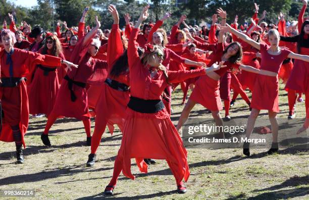 Hundreds of fans of Kate Bush dance in park on July 14, 2018 in Sydney, Australia. The Most Wuthering Heights Day is when people all around the world...