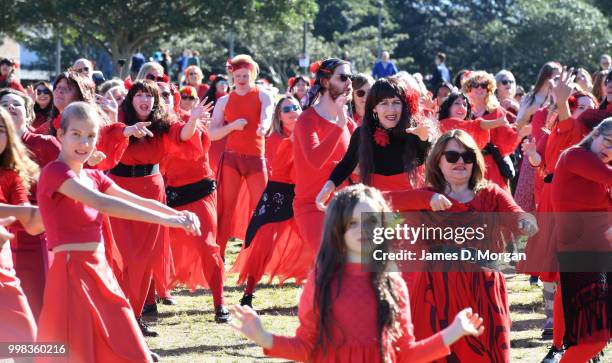 Hundreds of fans of Kate Bush dance in park on July 14, 2018 in Sydney, Australia. The Most Wuthering Heights Day is when people all around the world...