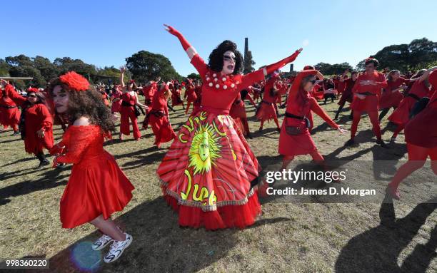 Hundreds of fans of Kate Bush dance in park on July 14, 2018 in Sydney, Australia. The Most Wuthering Heights Day is when people all around the world...