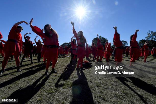 Hundreds of fans of Kate Bush dance in park on July 14, 2018 in Sydney, Australia. The Most Wuthering Heights Day is when people all around the world...