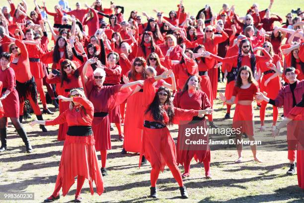 Hundreds of fans of Kate Bush dance in park on July 14, 2018 in Sydney, Australia. The Most Wuthering Heights Day is when people all around the world...