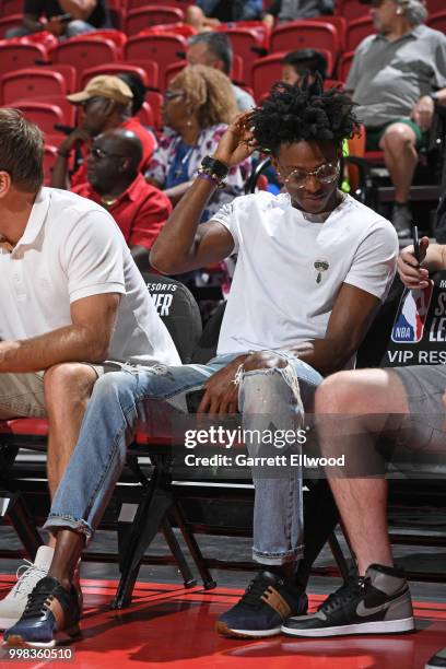 De'Aaron Fox of the Sacramento Kings looks on during the game against the Memphis Grizzlies during the 2018 Las Vegas Summer League on July 9, 2018...