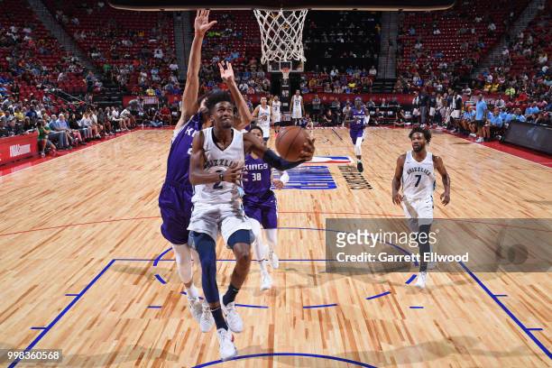 Kobi Simmons of Memphis Grizzlies goes to the basket against the Sacramento Kings during the 2018 Las Vegas Summer League on July 9, 2018 at the...