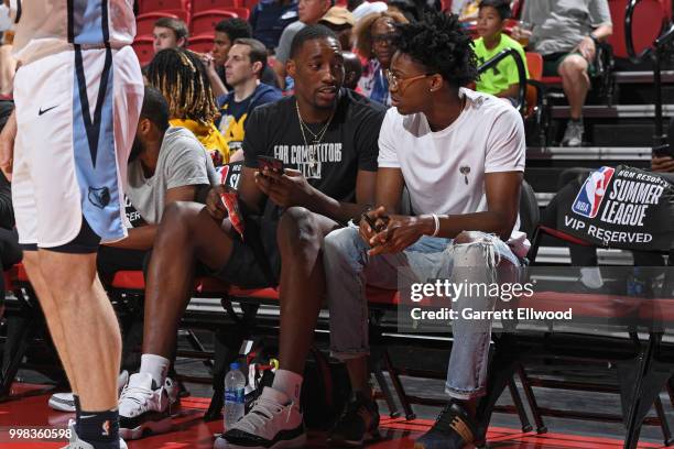 Bam Adebayo of the Miami Heat and De'Aaron Fox of the Sacramento Kings talk during the game against the Memphis Grizzlies during the 2018 Las Vegas...
