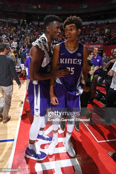 Harry Giles and Justin Jackson of the Sacramento Kings talk after the game against the Memphis Grizzlies during the 2018 Las Vegas Summer League on...