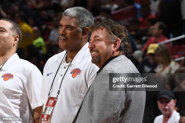Steve Mills and James Dolan of the New York Knicks are seen before the game against the Los Angeles Lakers during the 2018 Las Vegas Summer League on...