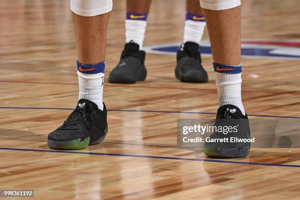 The sneakers of Kevin Knox of the New York Knicks are seen during the game against the Los Angeles Lakers during the 2018 Las Vegas Summer League on...