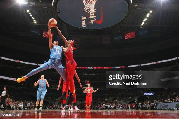 Gabby Williams of the Chicago Sky handles the ball against the Washington Mystics on June 13, 2018 at Capital One Arena in Washington, DC. NOTE TO...