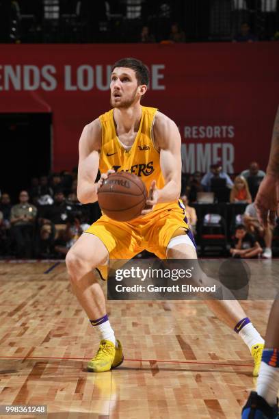 Svi Mykhailiuk of the Los Angeles Lakers handles the ball against the New York Knicks during the 2018 Las Vegas Summer League on July 10, 2018 at the...