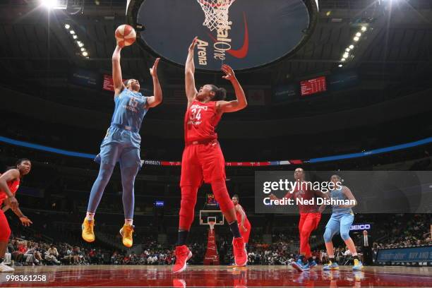 Gabby Williams of the Chicago Sky shoots the ball against the Washington Mystics on June 13, 2018 at Capital One Arena in Washington, DC. NOTE TO...