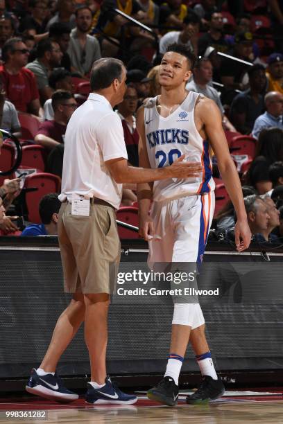 Kevin Knox of the New York Knicks heads to the bench during the game against the Los Angeles Lakers during the 2018 Las Vegas Summer League on July...