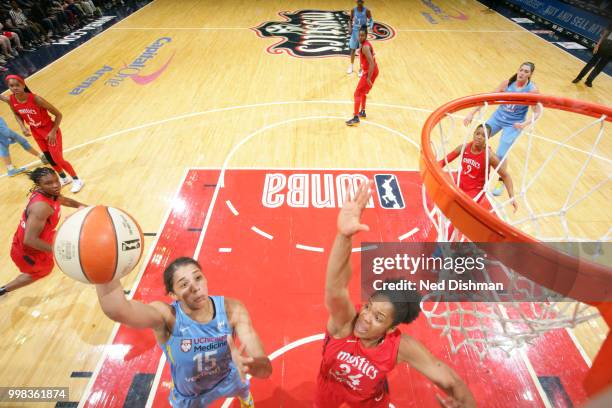 Gabby Williams of the Chicago Sky handles the ball against the Washington Mystics on June 13, 2018 at Capital One Arena in Washington, DC. NOTE TO...