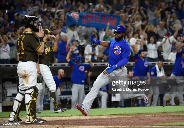 Jason Heyward of the Chicago Cubs scores during the ninth inning of a baseball game against the San Diego Padres at PETCO Park on July 13, 2018 in...