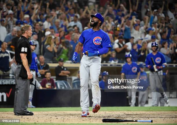 Jason Heyward of the Chicago Cubs celebrates as he scores during the ninth inning of a baseball game against the San Diego Padres at PETCO Park on...