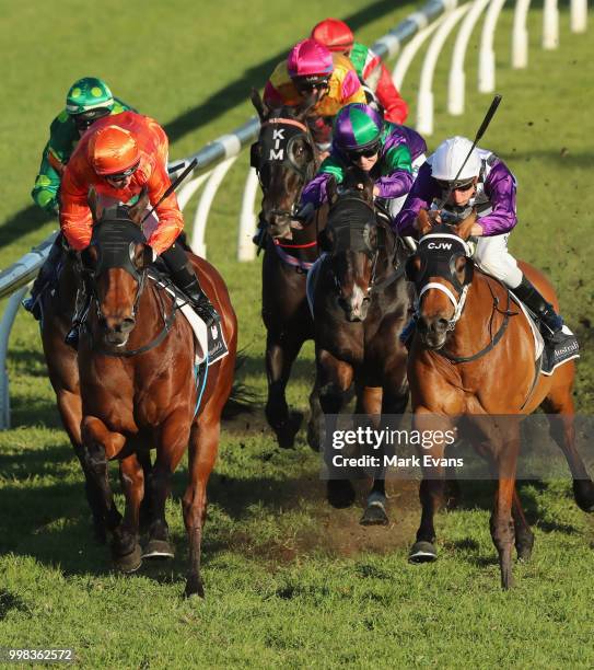 Brenton Avdulla on Dreamforce wins race 7 during Sydney Racing at Rosehill Gardens on July 14, 2018 in Sydney, Australia.