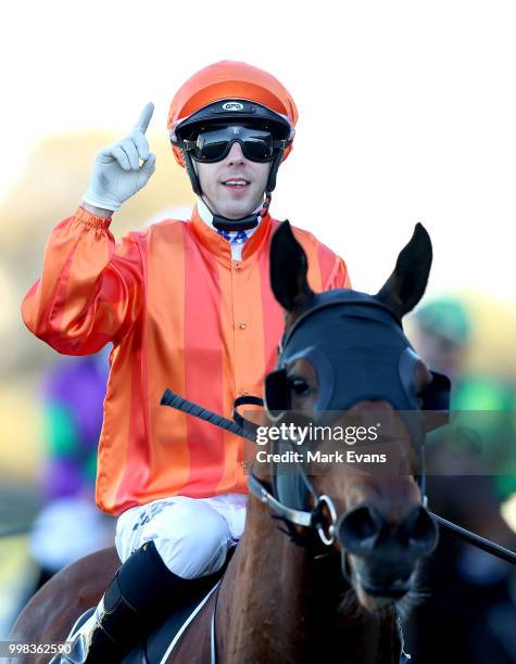 Brenton Avdulla on Dreamforce returns to scale after winning race 7 during Sydney Racing at Rosehill Gardens on July 14, 2018 in Sydney, Australia.