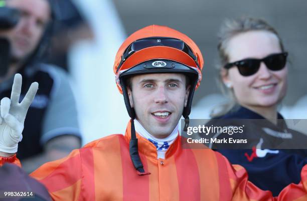 Brenton Avdulla on Dreamforce returns to scale after winning race 7 during Sydney Racing at Rosehill Gardens on July 14, 2018 in Sydney, Australia.