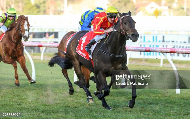 Voodoo Lad ridden by Brad Rawiller wins the Ladbrokes Sir John Monash Stakes at Caulfield Racecourse on July 14, 2018 in Caulfield, Australia.