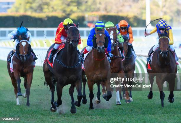 Brad Rawiller riding Voodoo Lad winning Race 7, Sir John Monash Stakes during Melbourne Racing at Caulfield Racecourse on July 14, 2018 in Melbourne,...