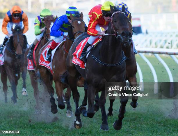 Brad Rawiller riding Voodoo Lad winning Race 7, Sir John Monash Stakes during Melbourne Racing at Caulfield Racecourse on July 14, 2018 in Melbourne,...