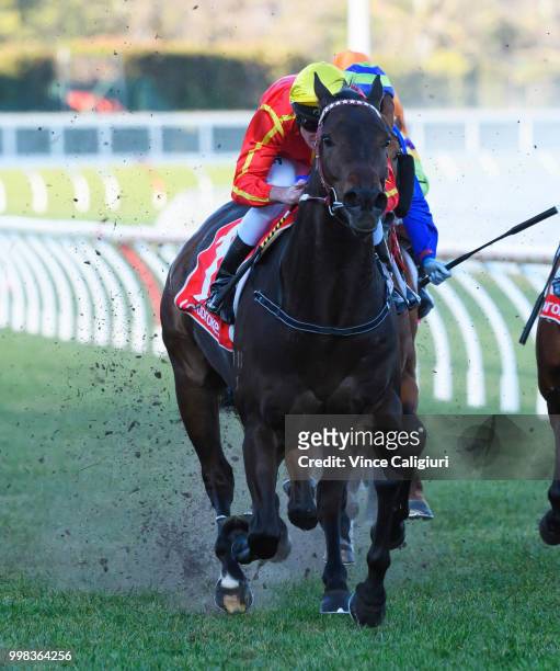 Brad Rawiller riding Voodoo Lad winning Race 7, Sir John Monash Stakes during Melbourne Racing at Caulfield Racecourse on July 14, 2018 in Melbourne,...