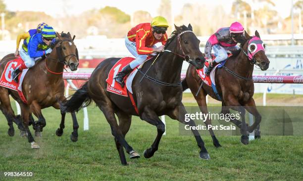 Voodoo Lad ridden by Brad Rawiller wins the Ladbrokes Sir John Monash Stakes at Caulfield Racecourse on July 14, 2018 in Caulfield, Australia.