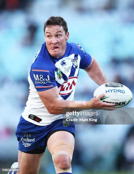 Josh Jackson of the Bulldogs runs with the ball during the round 18 NRL match between the Canterbury Bulldogs and the South Sydney Rabbitohs at ANZ...