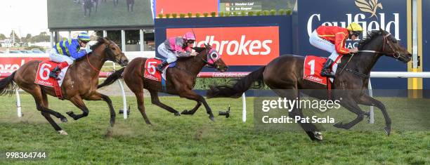 Voodoo Lad ridden by Brad Rawiller wins the Ladbrokes Sir John Monash Stakes at Caulfield Racecourse on July 14, 2018 in Caulfield, Australia.