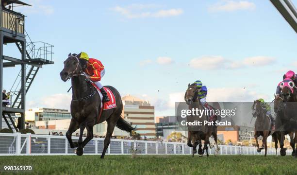 Voodoo Lad ridden by Brad Rawiller wins the Ladbrokes Sir John Monash Stakes at Caulfield Racecourse on July 14, 2018 in Caulfield, Australia.