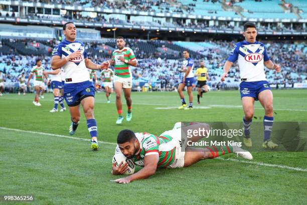 Robert Jennings of the Rabbitohs scores a try during the round 18 NRL match between the Canterbury Bulldogs and the South Sydney Rabbitohs at ANZ...