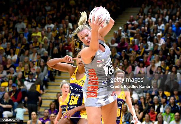 Caitlin Thwaites of the Magpies in action during the round 11 Super Netball match between the Lightning and the Magpies at University of the Sunshine...