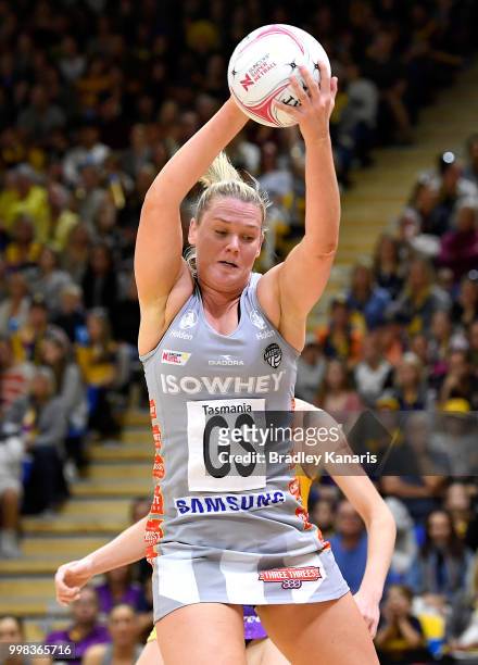 Caitlin Thwaites of the Magpies in action during the round 11 Super Netball match between the Lightning and the Magpies at University of the Sunshine...
