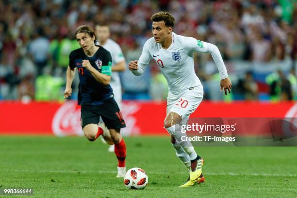 Dele Alli of England controls the ball during the 2018 FIFA World Cup Russia Semi Final match between Croatia and England at Luzhniki Stadium on July...