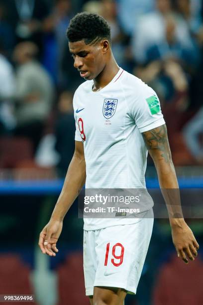 Marcus Rashford of England looks dejected after the 2018 FIFA World Cup Russia Semi Final match between Croatia and England at Luzhniki Stadium on...