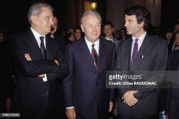Louis Pauwells, Georges Suffert et Franz-Olivier Giesbert le 21 octobre 1988 à Paris, France.