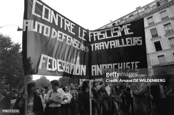 Manifestation contre l'assassinat de l'écrivain anarchiste Pierre Goldman, le 21 septembre 1979 à Paris, France.