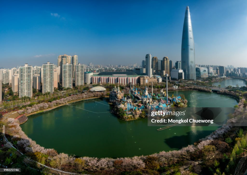 Cityscape of Seoul downtown city skyline with cherry blossom, Aerial view of skyscraper at Seokchon Lake with blue sky and sakura around lake. The amazing modern building at Seoul city, South Korea