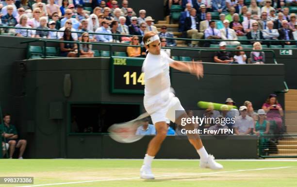 Roger Federer of Switzerland in action against Kevin Anderson of South Africa in the gentlemen's quarter finals at the All England Lawn Tennis and...