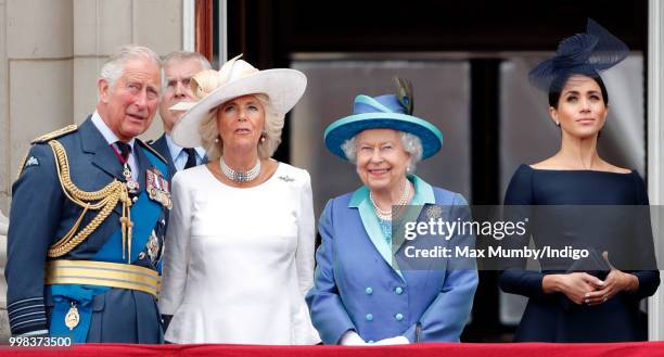 Prince Charles, Prince of Wales, Camilla, Duchess of Cornwall, Queen Elizabeth II and Meghan, Duchess of Sussex watch a flypast to mark the centenary...