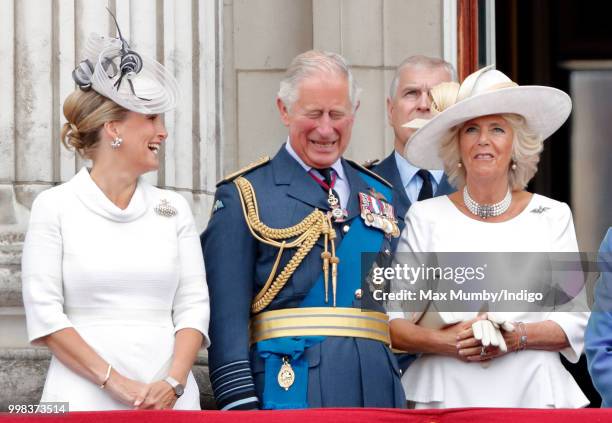 Sophie, Countess of Wessex, Prince Charles, Prince of Wales and Camilla, Duchess of Cornwall watch a flypast to mark the centenary of the Royal Air...