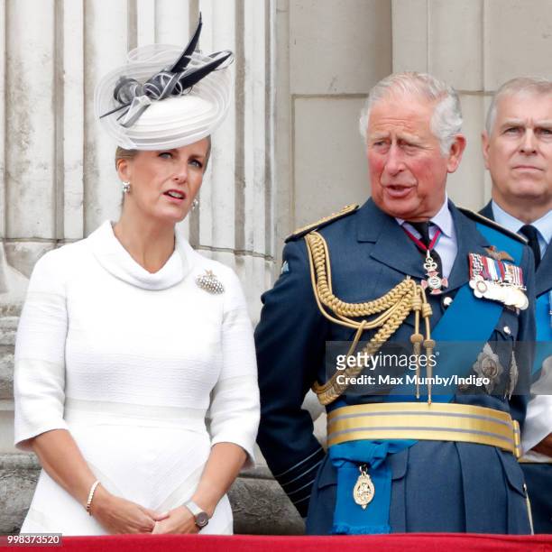 Sophie, Countess of Wessex and Prince Charles, Prince of Wales watch a flypast to mark the centenary of the Royal Air Force from the balcony of...