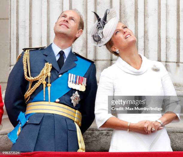 Prince Edward, Earl of Wessex and Sophie, Countess of Wessex watch a flypast to mark the centenary of the Royal Air Force from the balcony of...